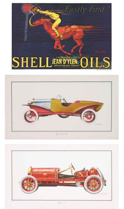 Bundle- 3 Assorted Vintage Car Rare Lithographs